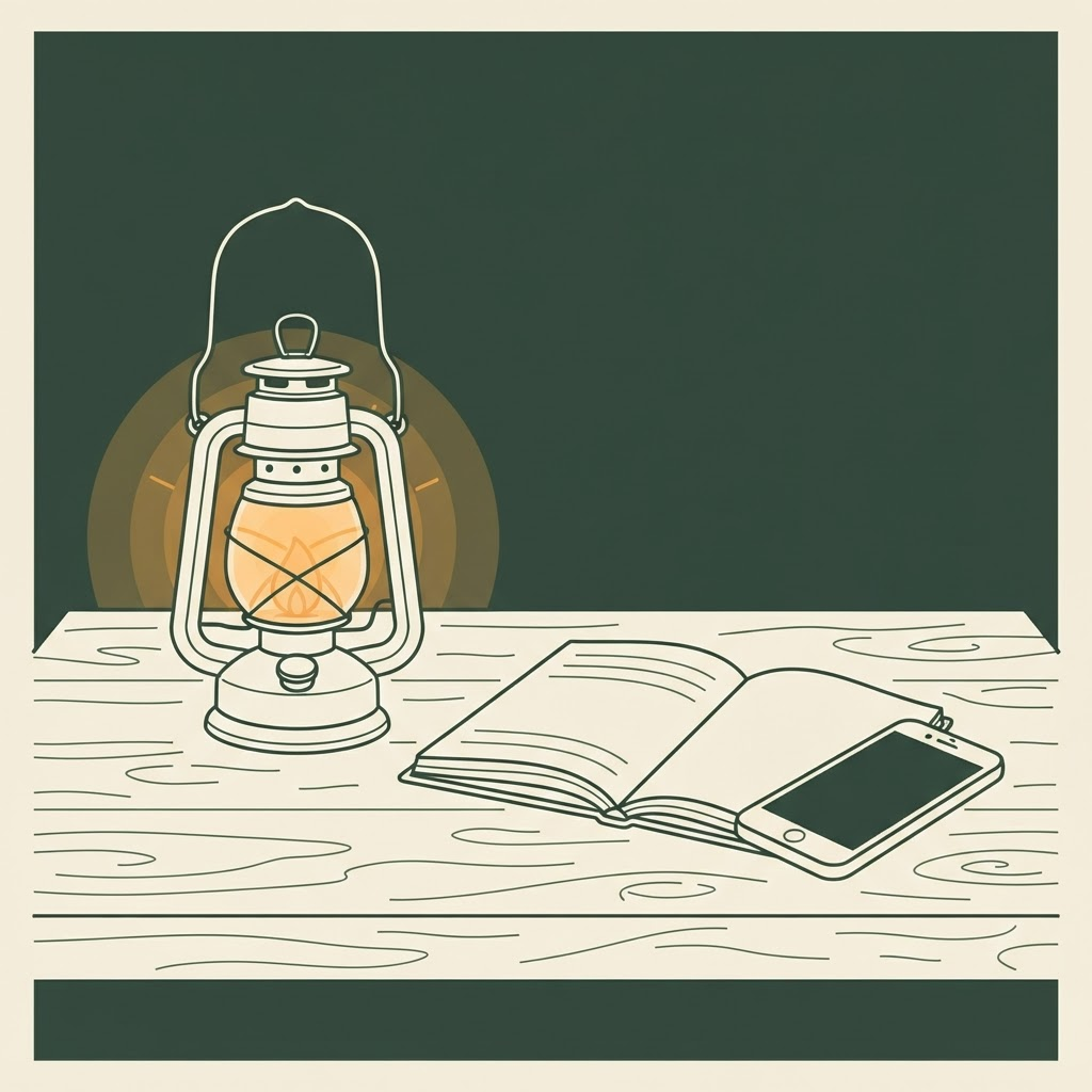 Illustration of a lantern glowing beside an open notebook and a phone on a table at night, representing studying through a power cut.