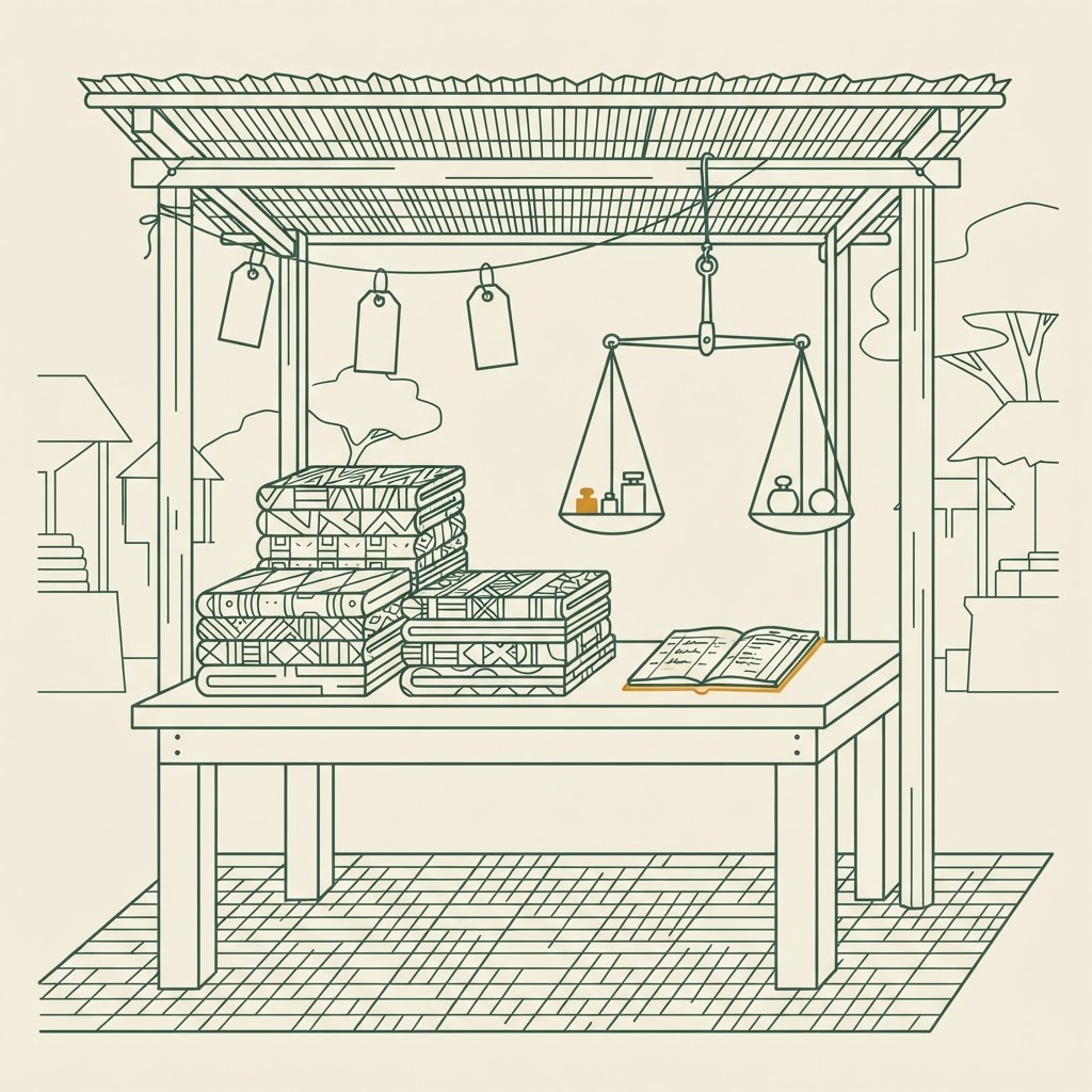 Illustration of a market stall with folded fabric, a hanging balance scale and a ledger book, representing the everyday scenes Uncle Tunde uses to explain a formula.